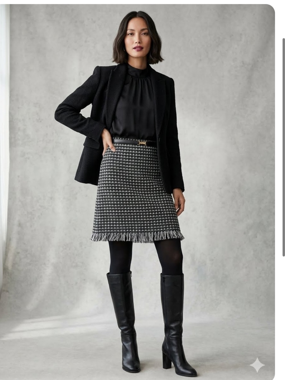 NWT Ann Taylor Knit Boucle Tweed Pull On Skirt Fringe Hem Black White Medium
